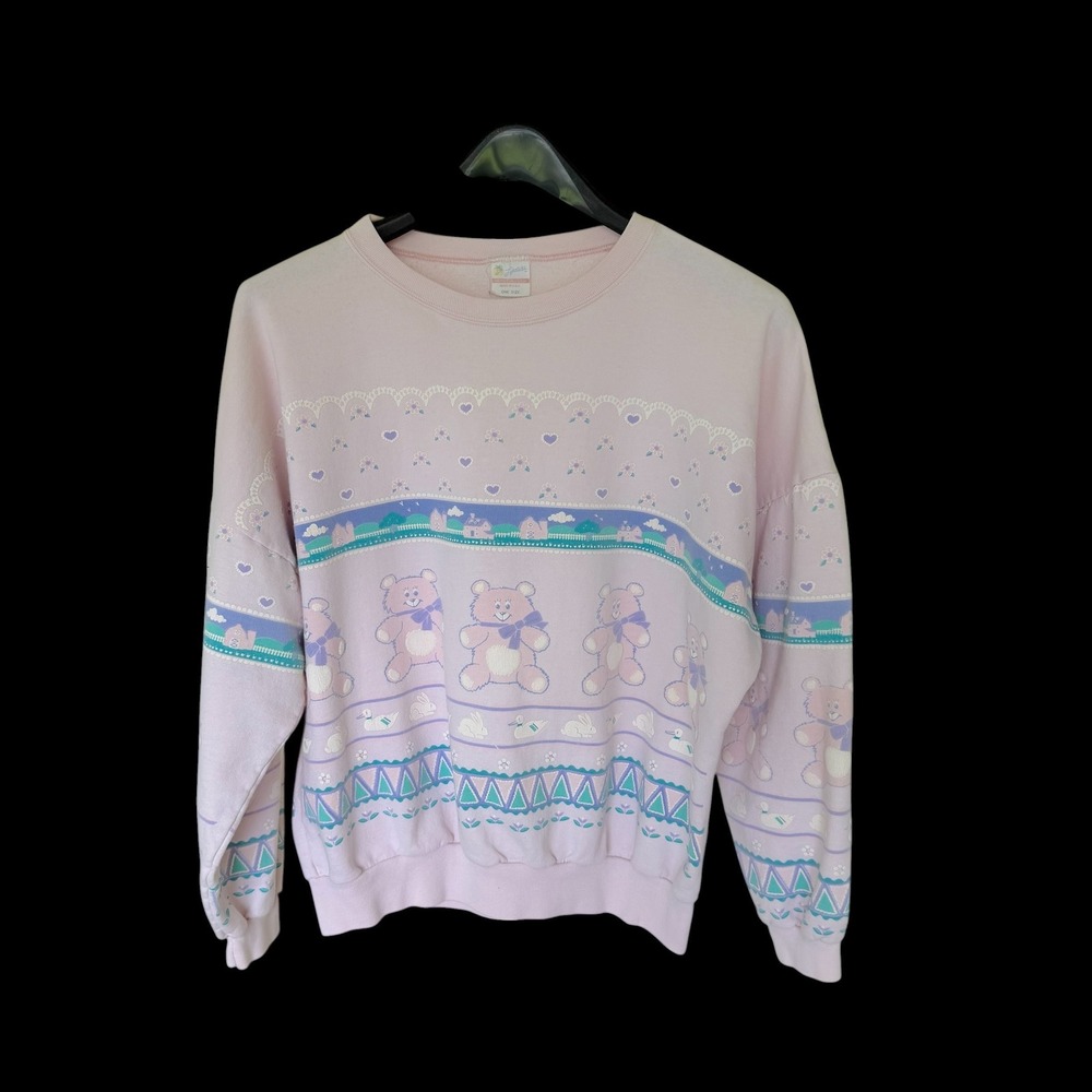 Lifestyles 80's Teddy Bear Bunny Duck Pastel Pink Sweatshirt Made in USA OS